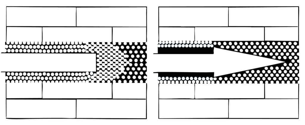 Vergleichsgrafik: Chromstahlplatten ohne und mit Spitze von HW Mauertrockenlegung